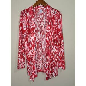 Chico's Ikat Open Front Cardigan Sweater Women's Size 0 Small Red 100% Linen